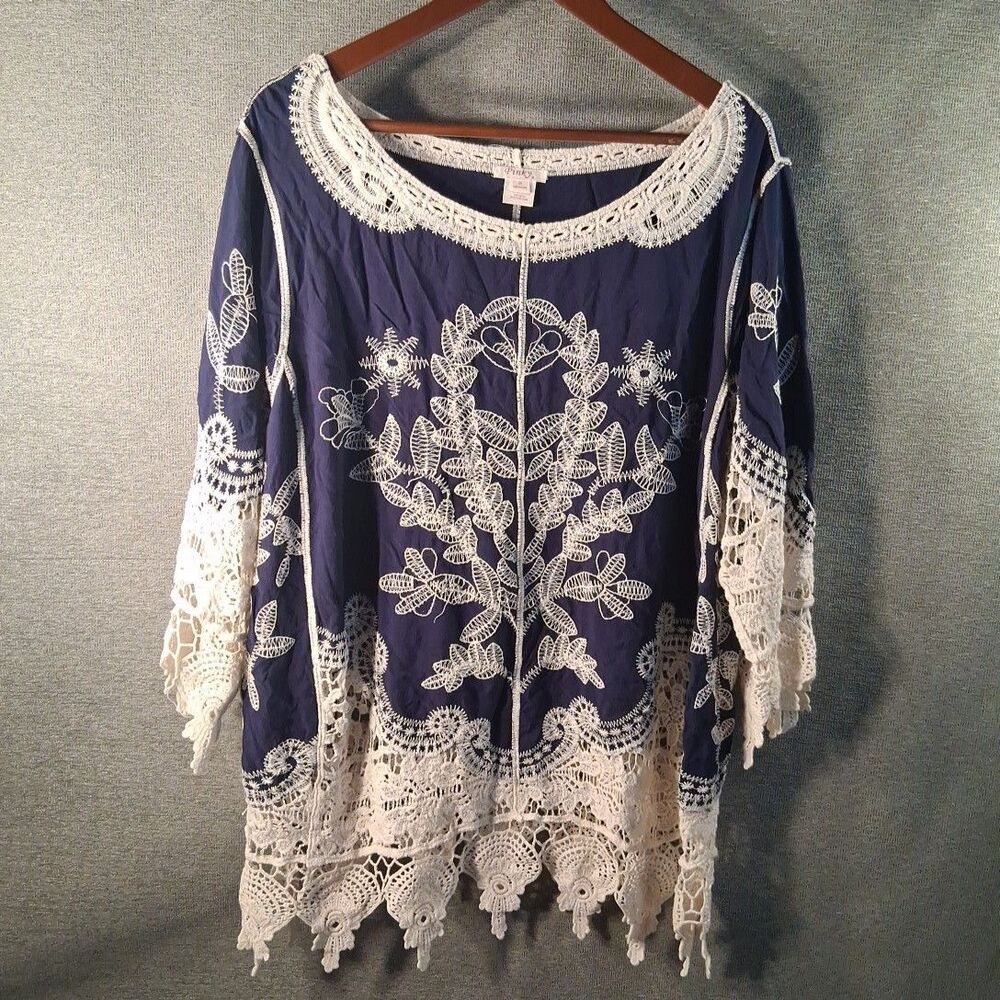 Pinky Womens 2X Navy Blue White Lace Embroidered Boho Tunic Top 3/4 Sleeve